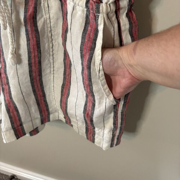Lou & Grey 100% Linen Romper Sleeveless Shorts Cinch Waist Ivory Red Stripe Sz L - Picture 4 of 9